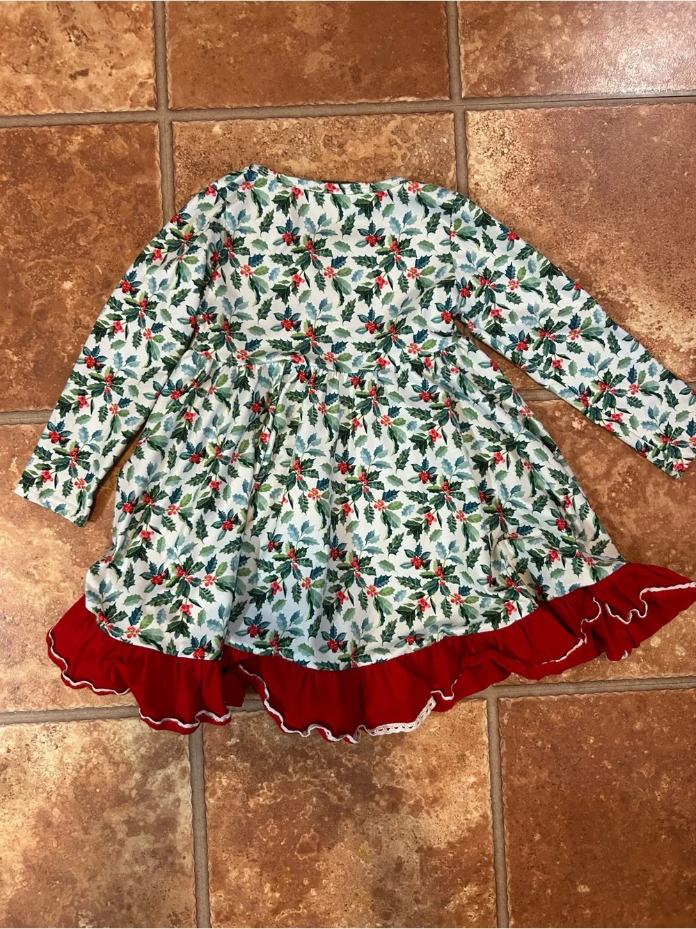 Girls Holiday Holly Print Dress with Red Pockets